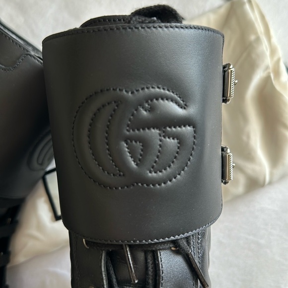 GUCCI Nappa Frances Interlocking GG Black Leather Combat Boots 8 Made in Italy - Picture 7 of 9